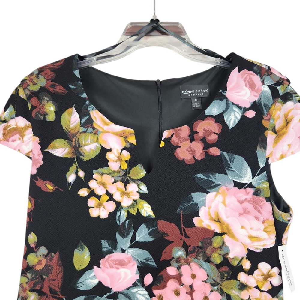 NWT, Dressbarn, Women's black floral dress. Has cap sleeves. Slim fit, Size 12 - Picture 5 of 7